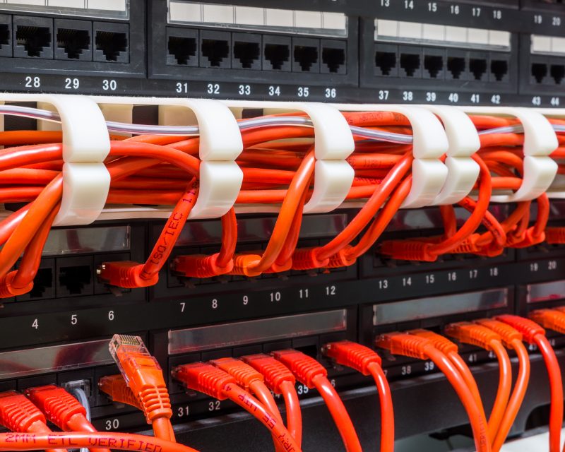 Close up of red network cables connected to switch